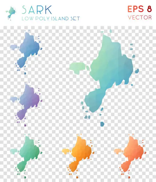 Vector illustration of Sark geometric polygonal maps, mosaic style island collection.