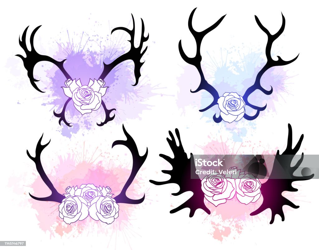 Set of blac silhouettes of deer and elk horns with flowers and gently watercolor splashes. The object is separate from the background. Vector element Set of blac silhouettes of deer and elk horns with flowers and gently watercolor splashes. The object is separate from the background. Vector element for scrapbooking, invitations and your design Animal stock vector