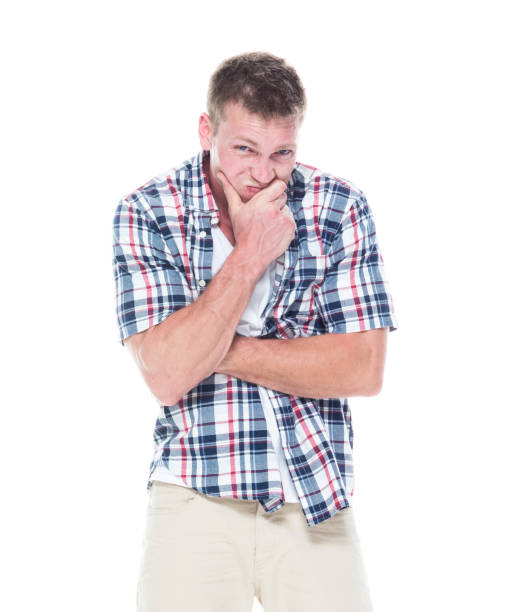 istock Handsome man in shirt and shorts is tense 1145152243