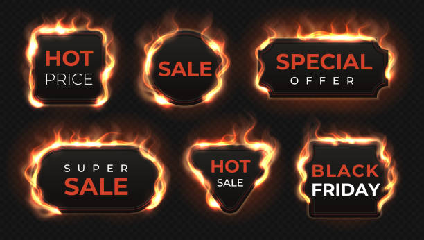 ilustrações de stock, clip art, desenhos animados e ícones de realistic fire labels. hot deal and sale offer text banners with shiny flame effect, isolated design objects. vector burning labels set - flaming hot