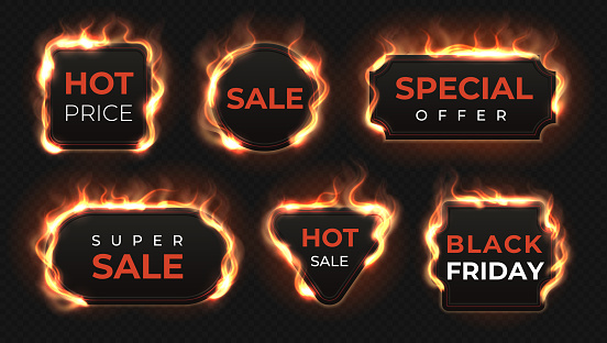 Realistic fire labels. Hot deal and sale offer text banners with shiny flame effect, isolated design objects. Vector burning commercial labels set