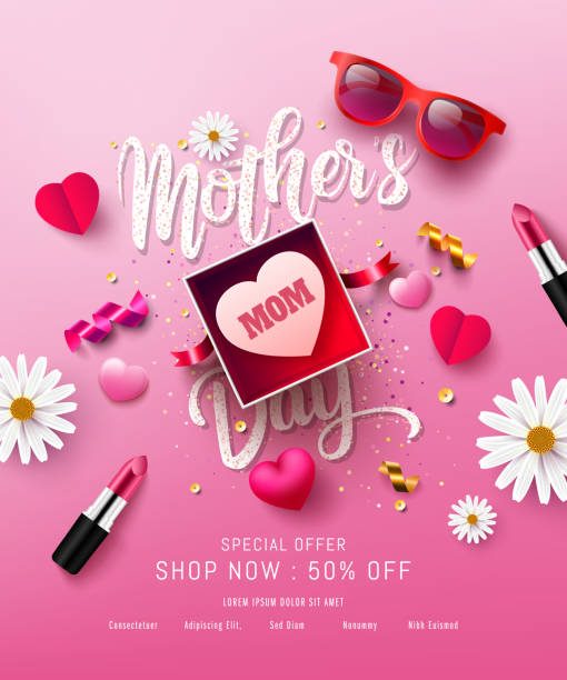 ilustrações de stock, clip art, desenhos animados e ícones de happy mother's day sale poster or banner with gift box,lipstick,sweet heart and lovely items.happy mother's day.trendy design template for mother's day and love concept.vector illustration eps10 - mother gift