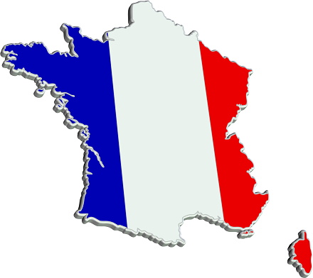 3D render of map of European country France textured with striped blue-white-red French national flag.