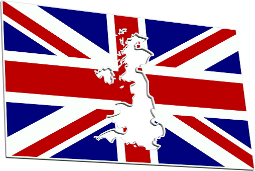 3D render of flag of a modern-day European country of Great Britain (United Kingdom / UK), with territory map cut out from the middle of the flag, isolated on white background.