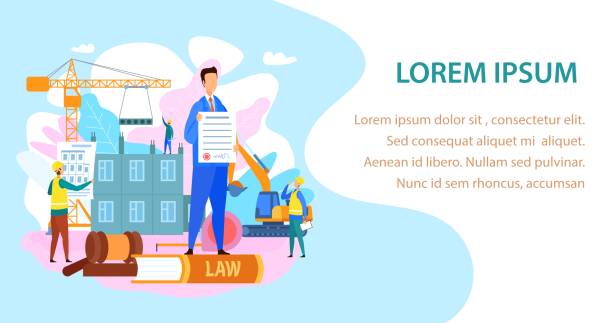Labor and Construction Law Vector Landing Page Labor and Construction Law Vector Landing Page. Apartment House Building Contract. Lawyer, Legal Advisor Showing Planning Permission Web Banner Template. Engineers, Builders Characters lawyer cartoon stock illustrations