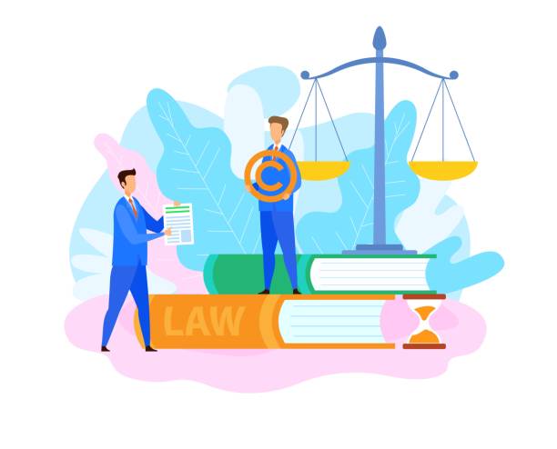Intellectual Property Lawyer Flat Illustration Intellectual Property Lawyer Flat Illustration. Man Showing Patent, License Document Cartoon Vector Character. Justice Scales, Legal Books Isolated Design Elements. Advocate Holding Trademark Symbol intellectual property illustrations stock illustrations