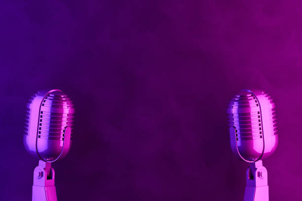 istock Retro Old Microphone, Vintage Style with Neon Lights 1145165836