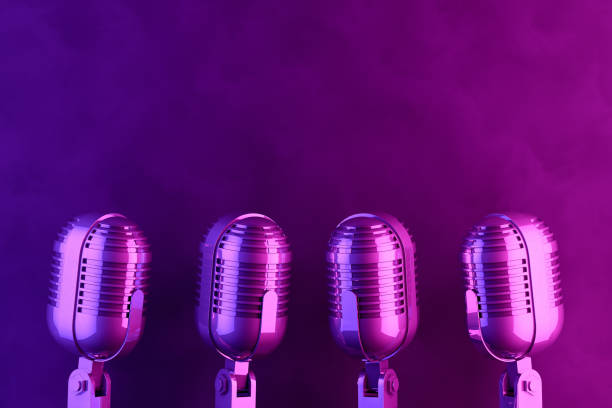 istock Retro Old Microphone, Vintage Style with Neon Lights 1145165897