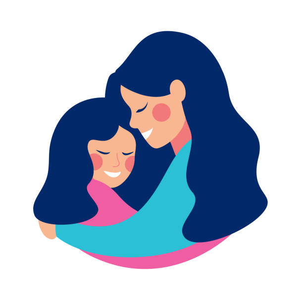 Smilling young mother embracing her daughter with love Side view of smilling young mother embracing her daughter with love. Vector illustration isolated from white daughter stock illustrations