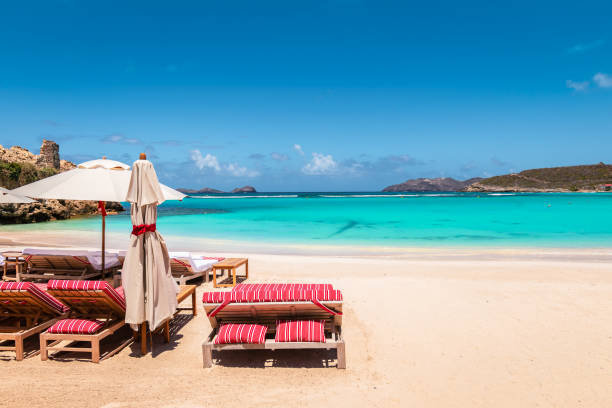 Beach chairs and umbrella on tropical beach. Summer vacation and relaxation background. Idyllic white sandy beach, turquoise calm sea and blue sky. Luxury beach chairs with umbrella on the side of the image. Colorful landscape of St Jean beach in Saint Barthelemy, St Barts. st jean saint barthelemy stock pictures, royalty-free photos & images
