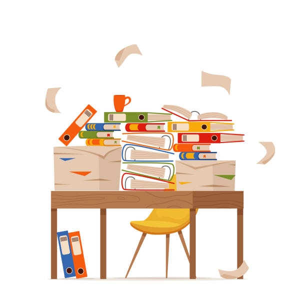 Pile of papers, documents and file folders on office table Pile of papers, documents and file folders on office table concept. Unorganized messy papers stress, deadline, bureaucracy hard paperwork flat vector cartoon illustration. bureaucracy stock illustrations
