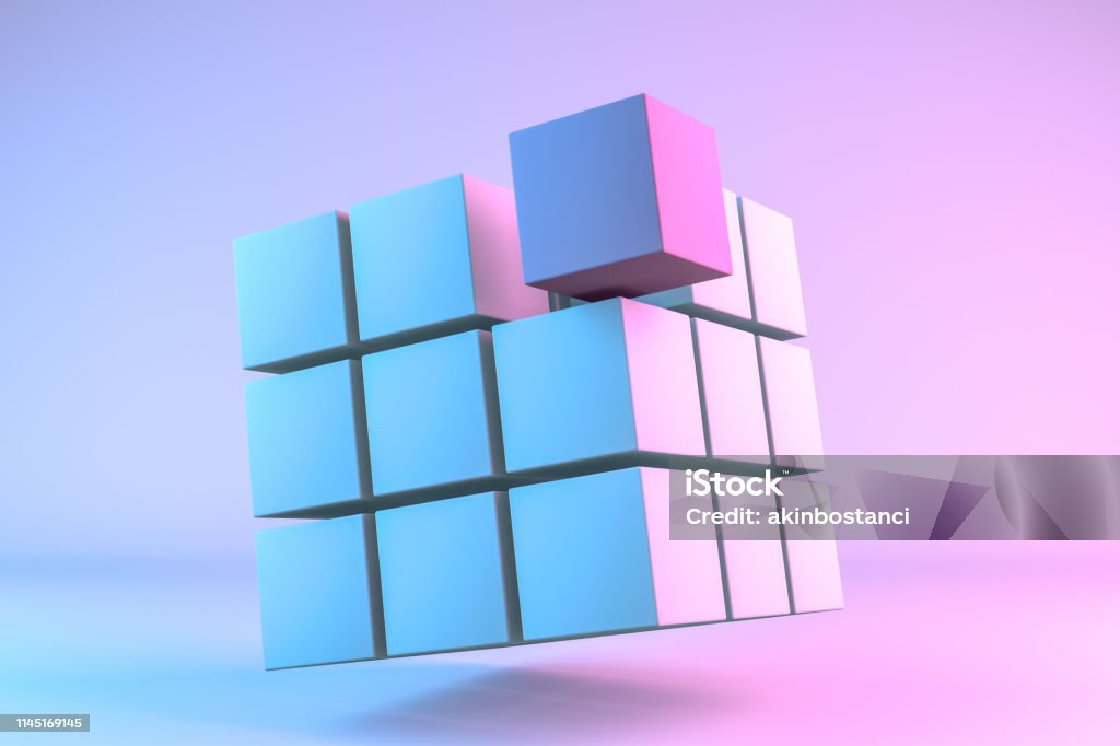3D Rendering Cube Blocks with Neon Lights 3D Rendering Cube Blocks, in a row, education, architecture, neon lights Puzzle Cube Stock Photo