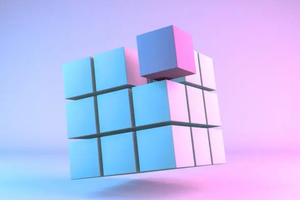 3D Rendering Cube Blocks, in a row, education, architecture, neon lights