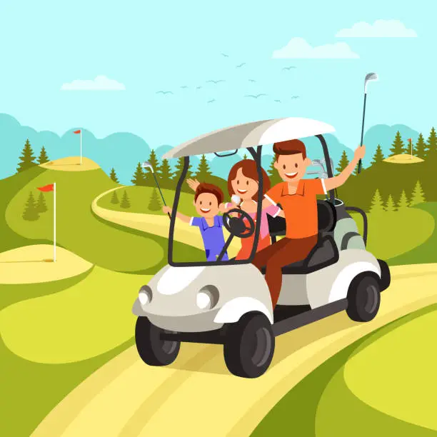 Vector illustration of Happy Family with Golf Clubs goes by Golf Car on Golf Course.