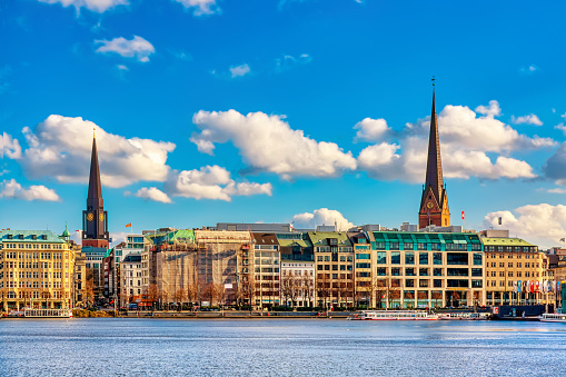 View of famous Binnenalster during summer sunny day in Hamburg, Germany