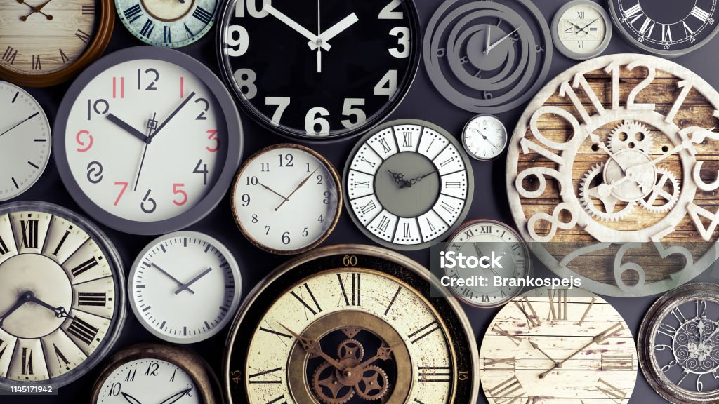 시간 개념, 시계 3d 렌더링의 무리 - 로열티 프리 벽 시계 스톡 사진