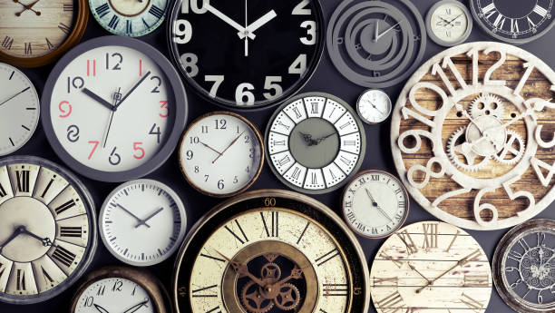 time concept, bunch of watches 3d render - clock imagens e fotografias de stock