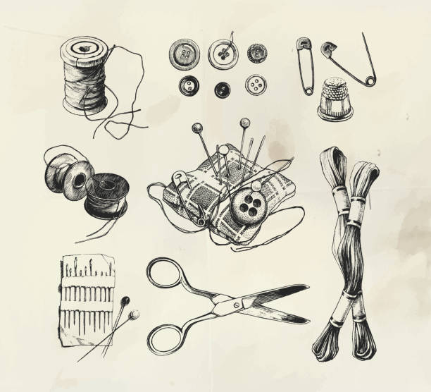 tinte gezeichnete nähset - sewing item thread scissors sewing stock-grafiken, -clipart, -cartoons und -symbole