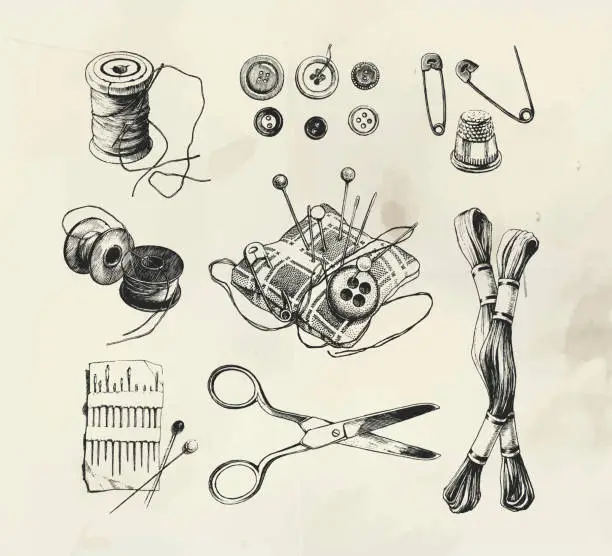 Vector illustration of Ink drawn sewing set