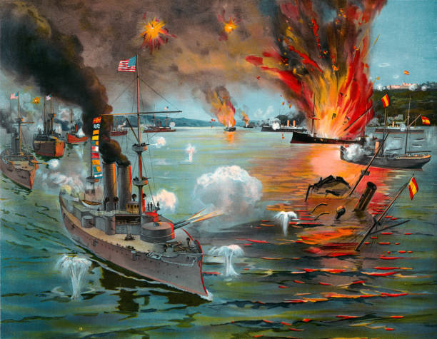 The Battle of Manila Bay Vintage image depicts a scene from the Battle of Manila Bay, also known as the Battle of Cavite. The battle took place in Manila Bay in the Philippines on May 1, 1898, and was the first major engagement of the Spanish–American War. sinking ship pictures pictures stock illustrations