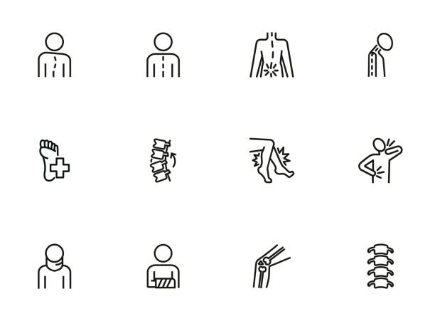 Orthopedics icon set Orthopedics icon set. Line icons collection on white background. Spine, bone, fracture. Medicine concept. Can be used for topics like healthcare, diagnosis, osteoporosis image manipulation stock illustrations