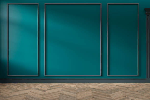 istock Modern classic green empty interior with wall panels and wooden floor. 3d render illustration mock up. 1145178784