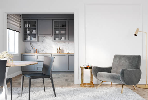 istock Modern classic white gray interior with lounge chair, armchair, kitchen, dining table, carpet, floor lamp and mouldings. 3d render illustration mock up. 1145178838