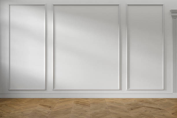 istock Modern classic white empty interior with wall panels and wooden floor. 3d render illustration mock up. 1145178918
