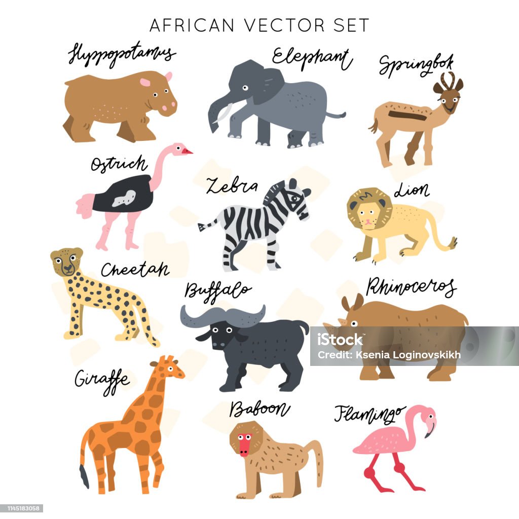 Sumilars_25 different shapes African safari animals clipart vector set. Hand drawn elements in paper-cut style. Nature inspired simple geometry shapes, textured illustration. Animal stock vector