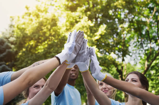 Group of volunteers making high five in park Volunteering, unity and environment care concept. Group of young volunteers in protective gloves making high five before cleaning park, closeup green environment friendly stock pictures, royalty-free photos & images