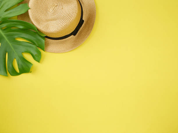 istock Monstera leaves With a hat on table Yellow background 1145183217