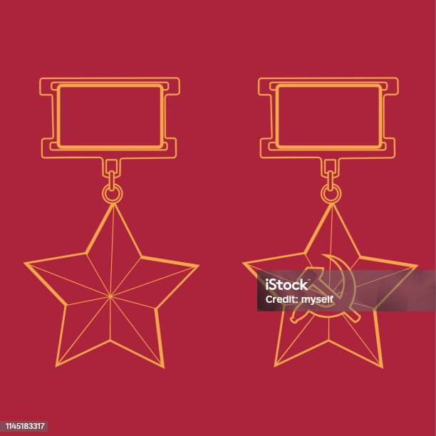 Reward Hero Of The Soviet Union And Hammer And Sickle Medal On A Red Background Outline Silhouette Stock Illustration - Download Image Now