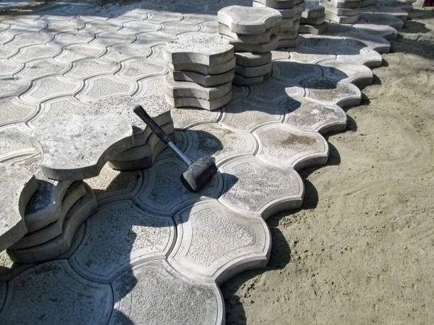 istock Beautiful construction background on laying decorative figured paving tiles 'Bikini', nobody 1145183380