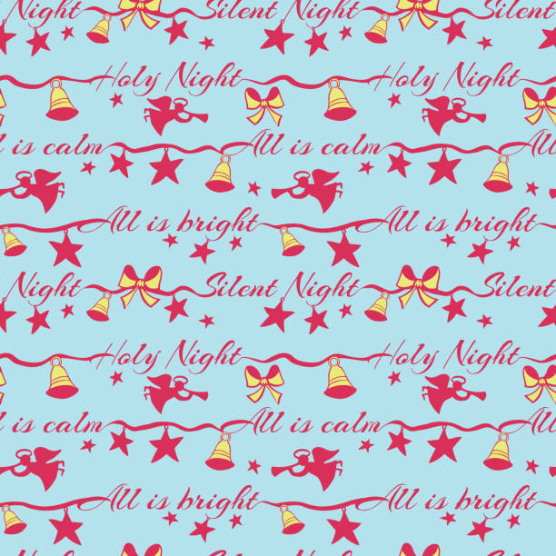 ilustrações de stock, clip art, desenhos animados e ícones de silent night holy night lettering vector seamless pattern with angels playing on trumpet and christmas bells. surface pattern design. - silent night illustrations