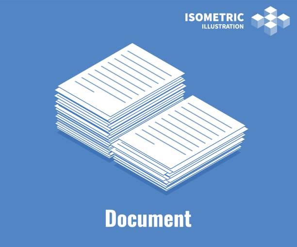 illustrazioni stock, clip art, cartoni animati e icone di tendenza di icona del documento. pila di documenti, pila di carta aziendale. illustrazione vettoriale 3d isolata su sfondo blu. - stack