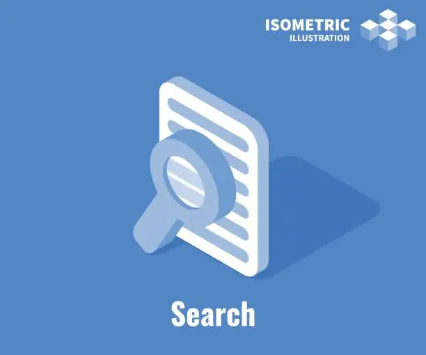 Vector illustration of Search document icon. Documents and magnifying glass, Vector 3D illustration isolated on blue background.