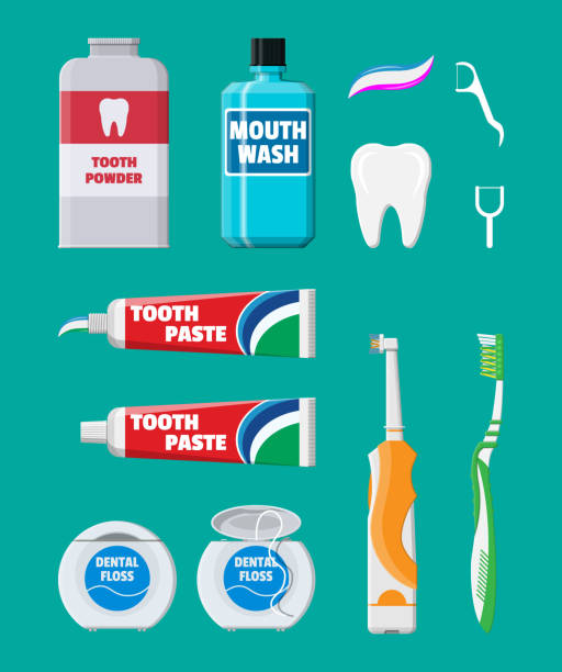Dental cleaning tools. Oral care hygiene products Dental cleaning tools. Oral care and hygiene products. Toothbrush, toothpaste, mouthwash, tongue brush, powder, tongue scraper and dental floss. Brushing teeth. Vector illustration in flat style toothpaste stock illustrations