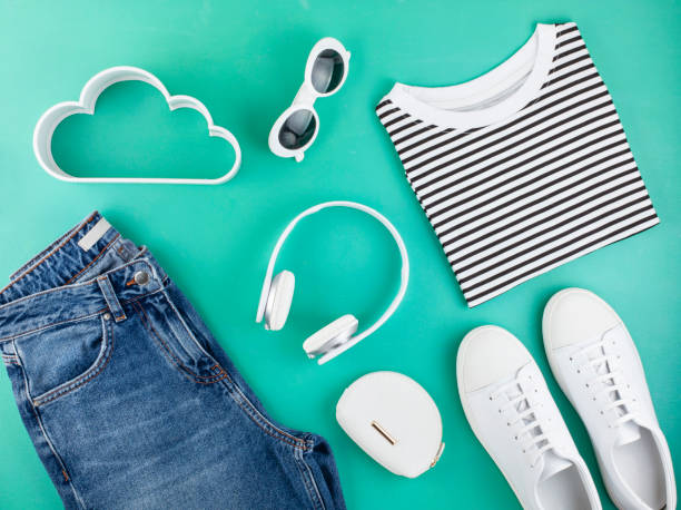 istock Flat lay with girls spring summer accessories over aquamarine background. 1145187721