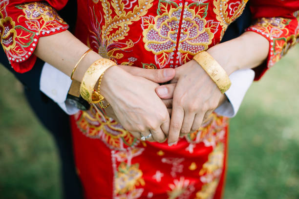 istock Bridegroom hugging chinese bride from behind 1145191281