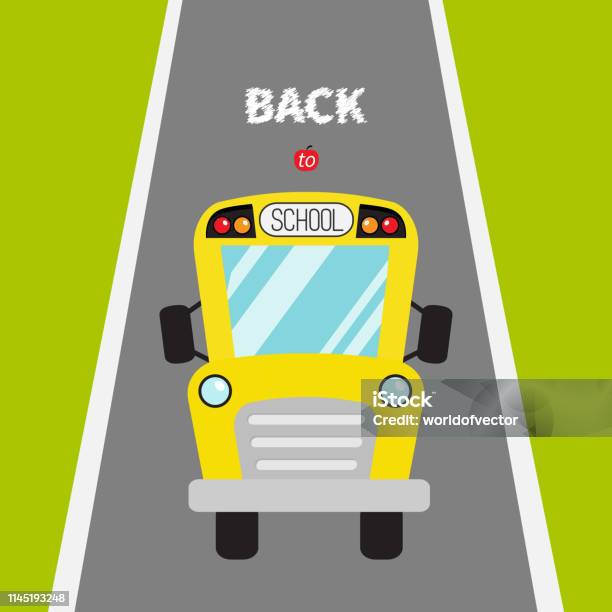 Yellow School Bus Kids Green Grass And Road Cartoon Clipart Transportation Full Face View Baby Collection Back To School Greeting Card Flat Design Cute Background Stock Illustration - Download Image Now