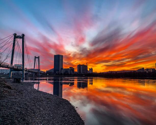 city ​​center.  sunset on the Yenisei River