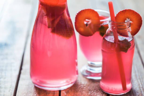 Strawberry lemonade fresh made in glass, close-up