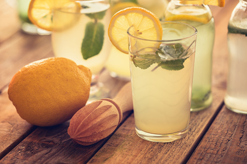 Fresh made lemonade, cooled in fridge, in glass, close up
