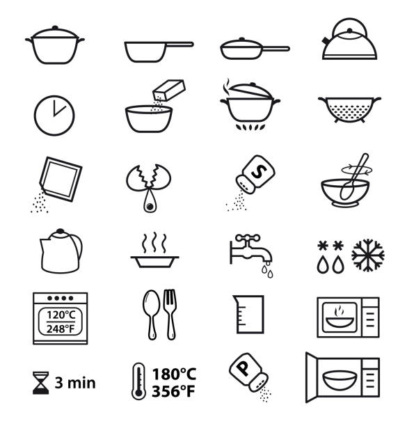küchen-symbole für die kochanleitung. - hot dish stock-grafiken, -clipart, -cartoons und -symbole