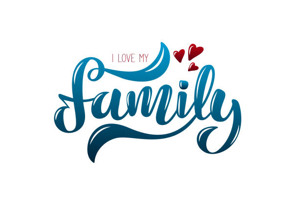 Illustration with phrase I Love My Family Vector illustration with handwritten phrase I love my family and hearts. Lettering. blue text with white highlights and red hearts family word stock illustrations