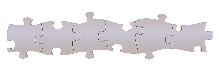 Six gray pieces of a puzzle arranged in row on white background. Isolated. 3D Illustration