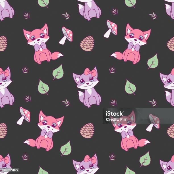 Cute Seamless Animal Pattern For Children Designs With Pastel Pink And Violet Foxes Leaves And Mushrooms On Dark Black Background Stock Illustration - Download Image Now