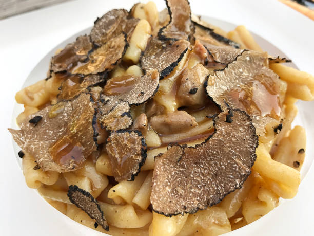 Pasta with autumn truffles stock photo