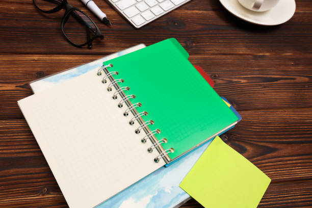 istock Office desk table with supplies. Flat lay Business workplace and objects. Top view. Copy space for text - Image 1145204198
