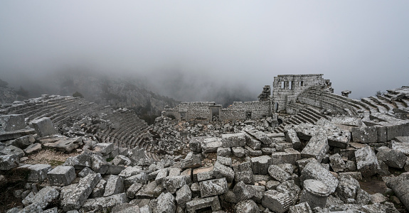Termessos Ancient City in a foggy morning,  Antalya, Turkey